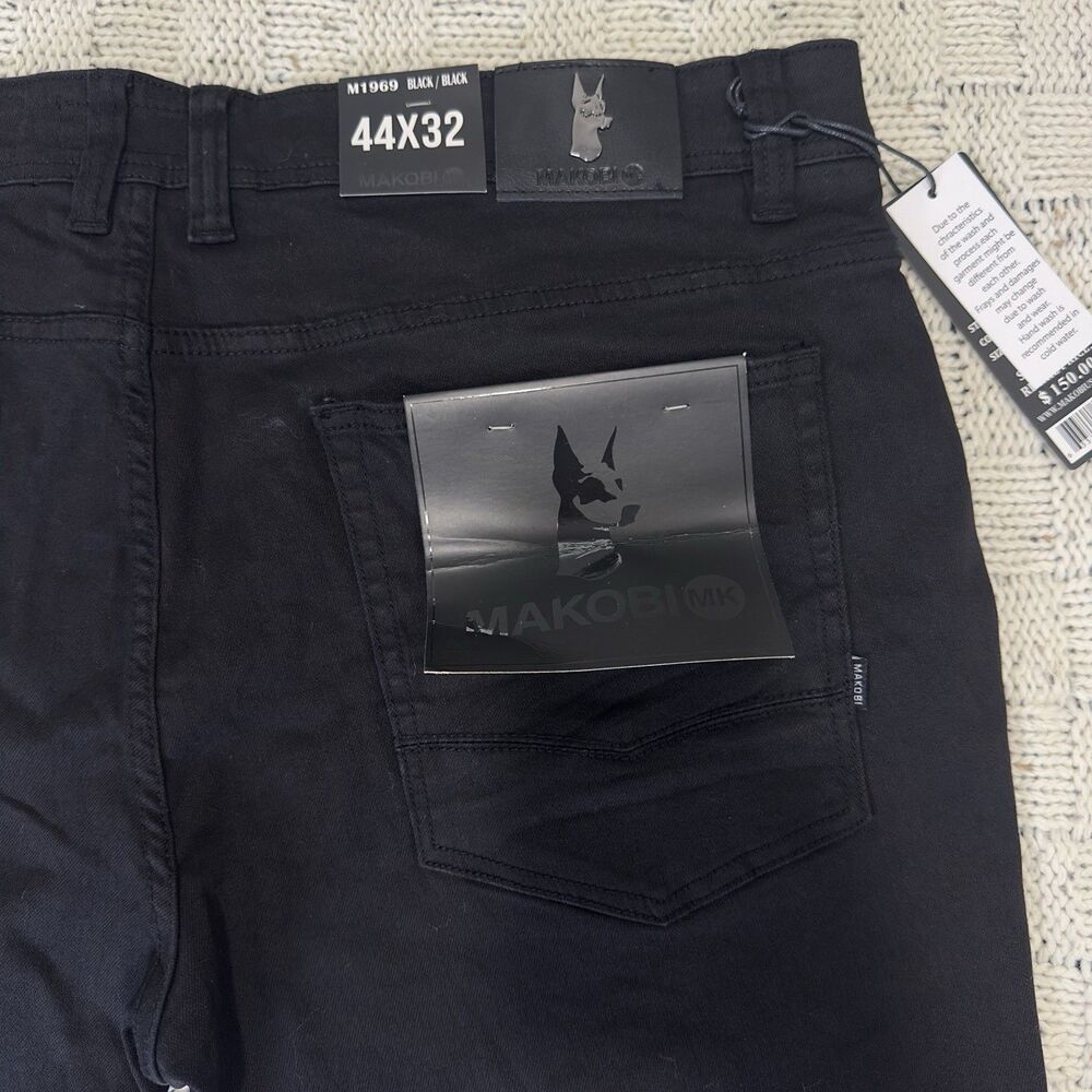 Makobi Men’s Jeans 44x32 Black Distressed Ripped Stretch Slim Fit NWT M1969 - Picture 5 of 11
